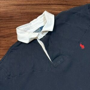 Ralph Lauren Rugby Shirt Navy Red Pony Sz L preppy elbow vented pad shoulder